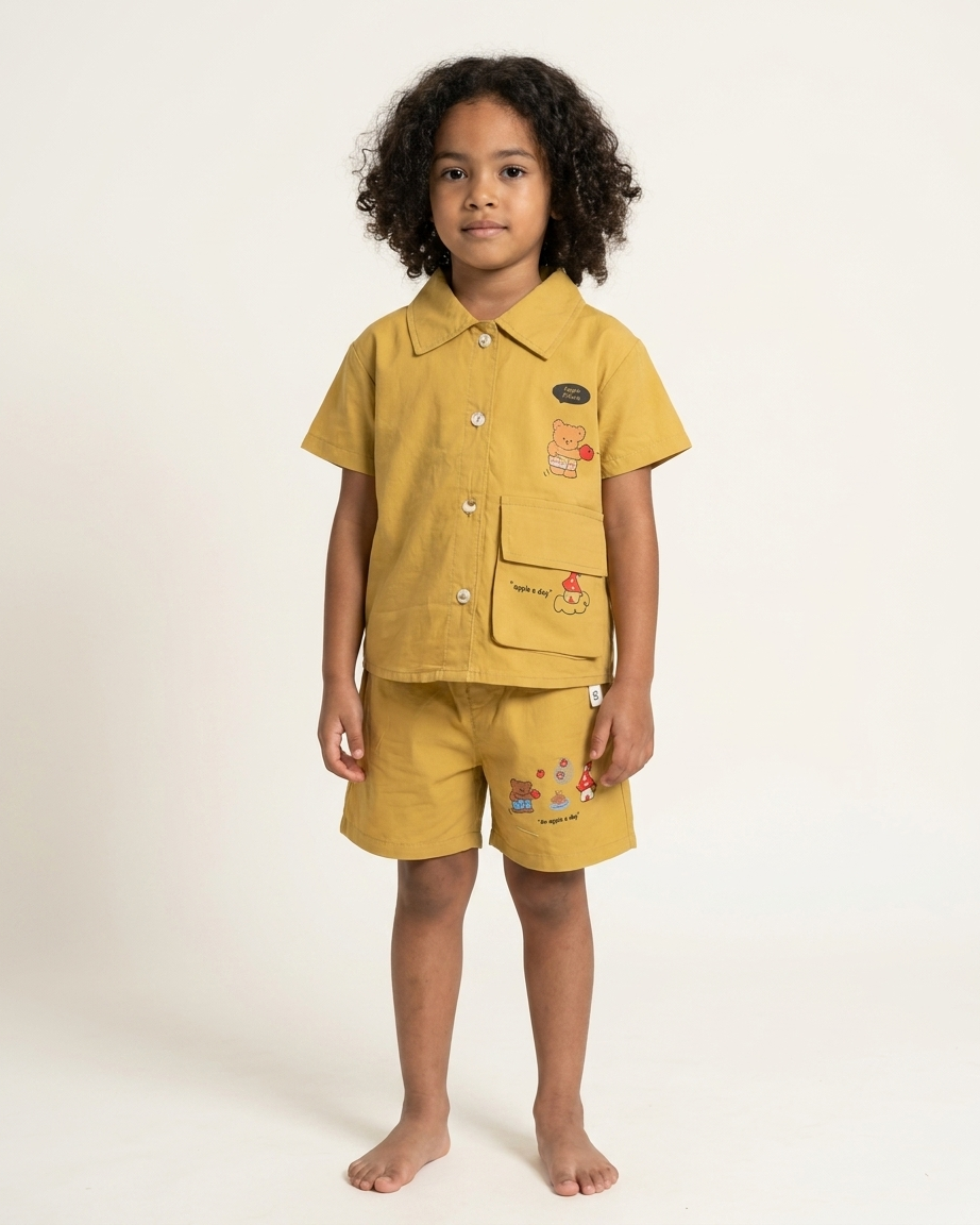 Mustard Meadow: Boys' Utility Cotton Set with Bear & Mushroom Graphics
