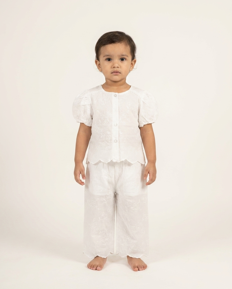 Cloud White Floral Chikankari Cotton Set with Scalloped Hem & Puff Sleeves