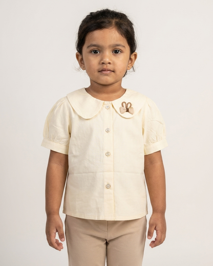 Ivory Bloom: Girls' Peter Pan Collar Blouse with Crochet Bunny Accent
