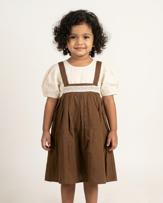 Cocoa Charm: Girls' Brown Lace-Trim Pinafore & Ivory Puff-Sleeve Blouse Set