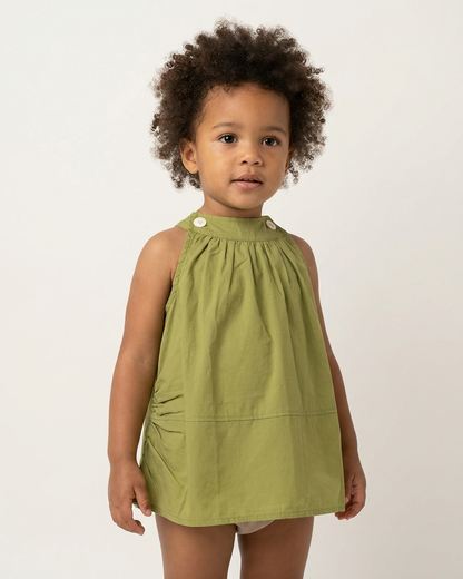 Sage Garden: Girls' Olive Green Halter-Neck Cotton Tunic with Button Accents