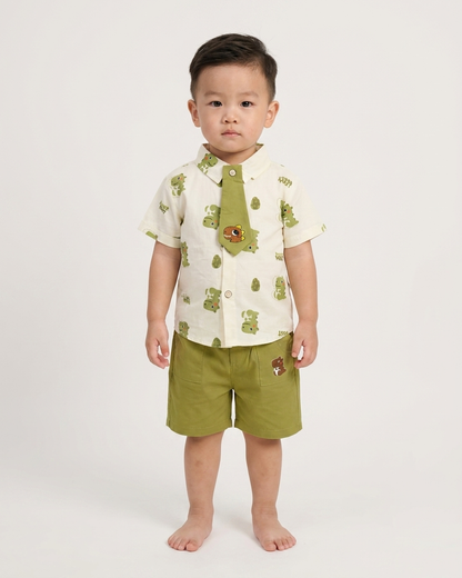 Dino-Mite Dapper: Boys' Cream Dinosaur Print Shirt & Olive Shorts Set with Matching Tie