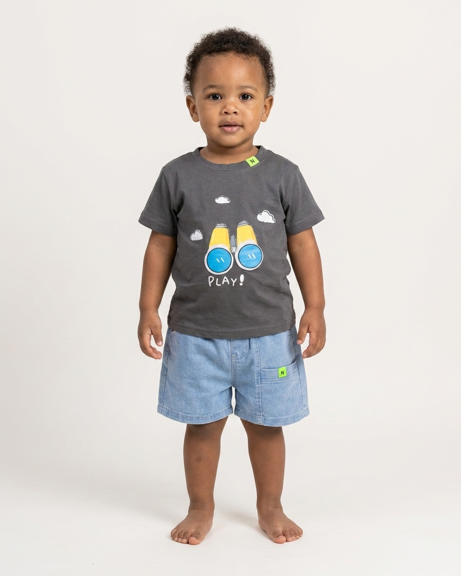 Little Explorer: Boys' Charcoal Binocular Tee & Light-Wash Denim Shorts Set