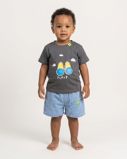 Little Explorer: Boys' Charcoal Binocular Tee & Light-Wash Denim Shorts Set
