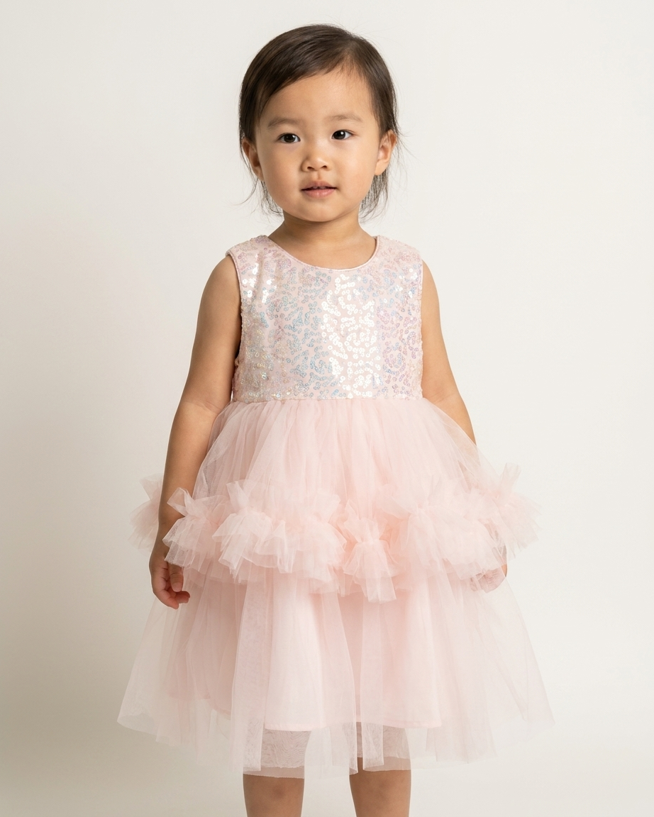 Sparkle & Twirl: Girls' Pink Sequined Bodice Tiered Tulle Party Dress