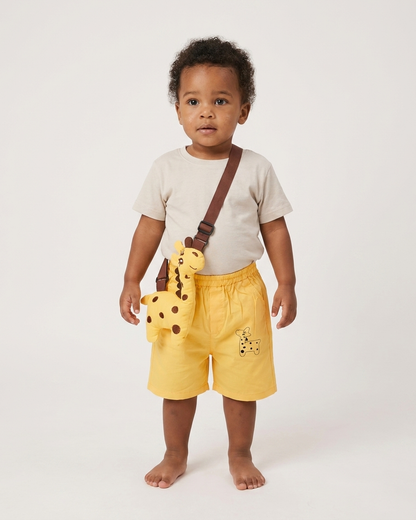 Sunny Safari: Toddler Boys' Yellow Cotton Shorts with 3D Giraffe Plush Bag