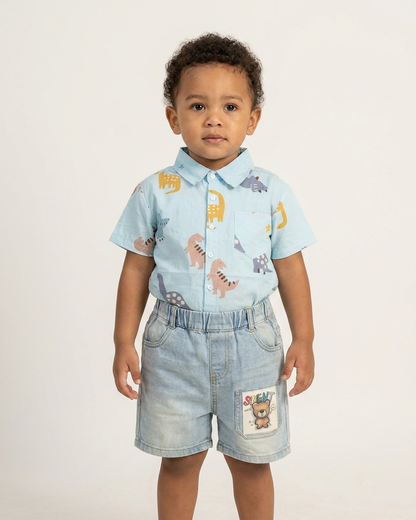 Dino-Day: Boys' Sky Blue Dinosaur Print Shirt & Light-Wash Denim Shorts Set