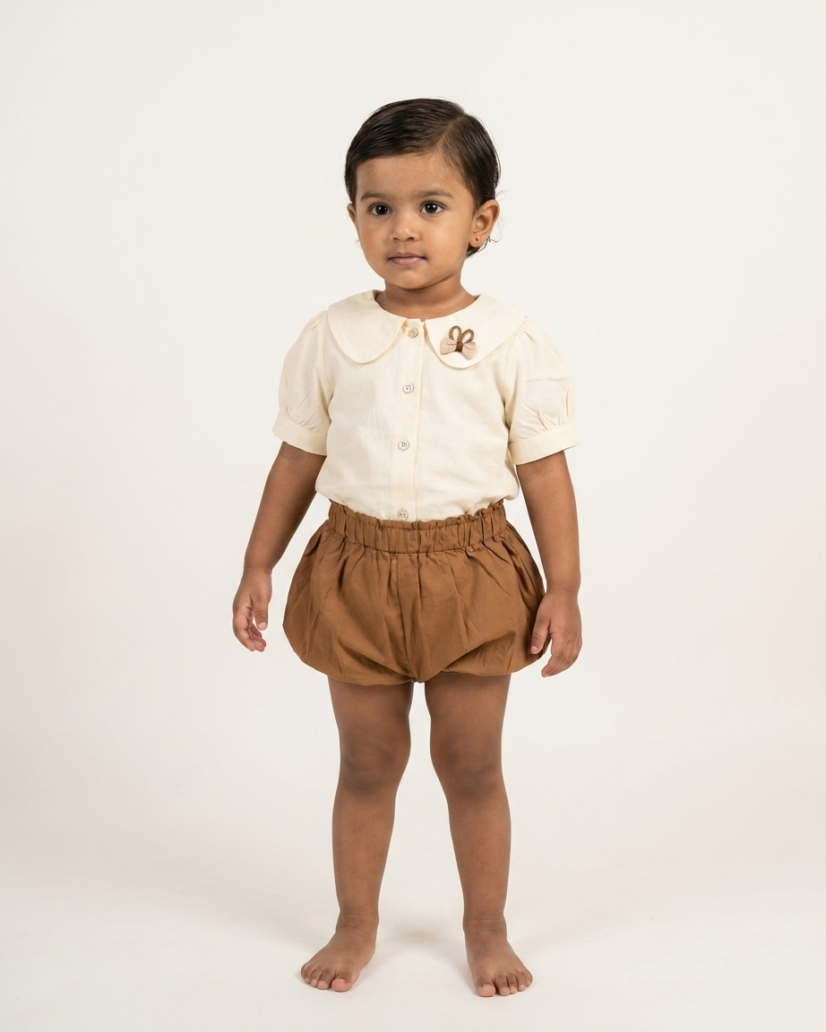 Honey & Cream: Girls' Peter Pan Collar Blouse & Bubble Bloomer Set
