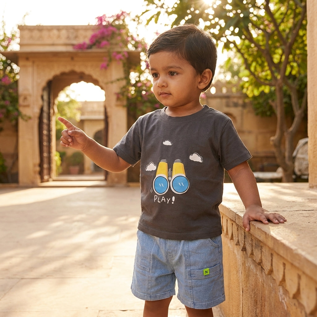 Charcoal Binocular Tee & Light-Wash Denim Shorts