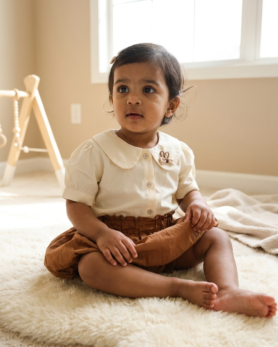 Honey & Cream: Girls' Peter Pan Collar Blouse & Bubble Bloomer Set
