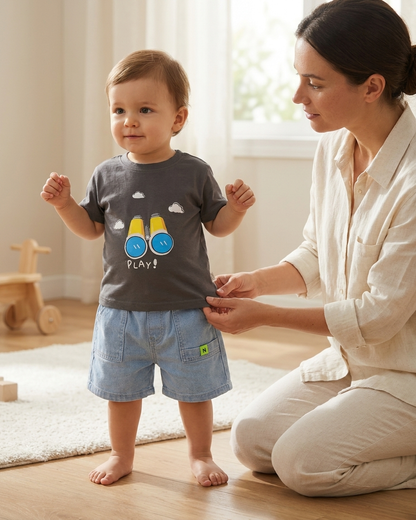 Little Explorer: Boys' Charcoal Binocular Tee & Light-Wash Denim Shorts Set