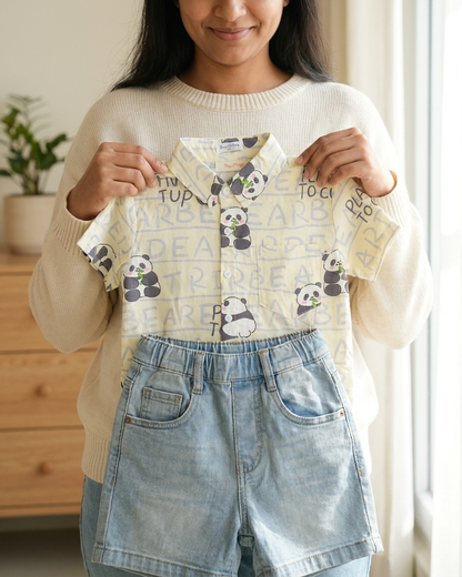 Panda Party: Boys' Cream Panda Print Shirt & Light-Wash Denim Shorts Set
