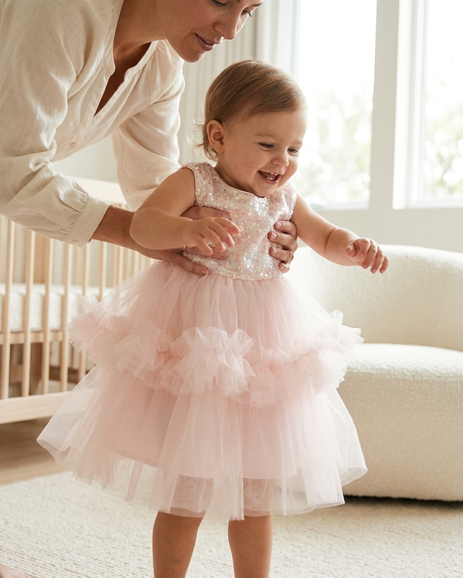 Sparkle & Twirl: Girls' Pink Sequined Bodice Tiered Tulle Party Dress