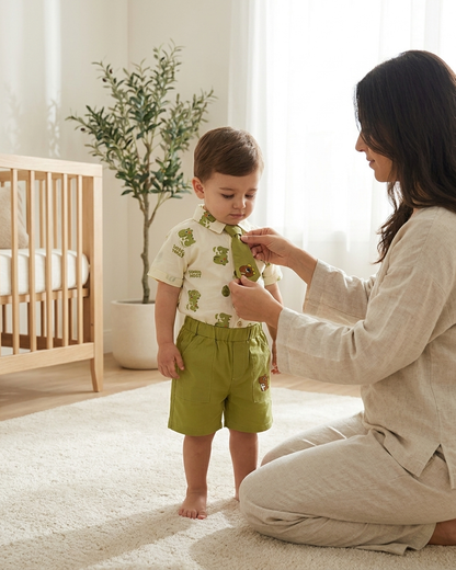 Dino-Mite Dapper: Boys' Cream Dinosaur Print Shirt & Olive Shorts Set with Matching Tie
