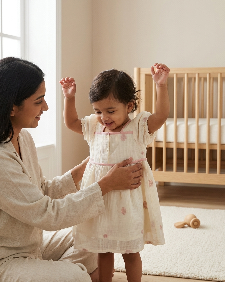 Blush Meadow: Toddler Girls' Cream Embroidered Cotton Dress with Puff Sleeves