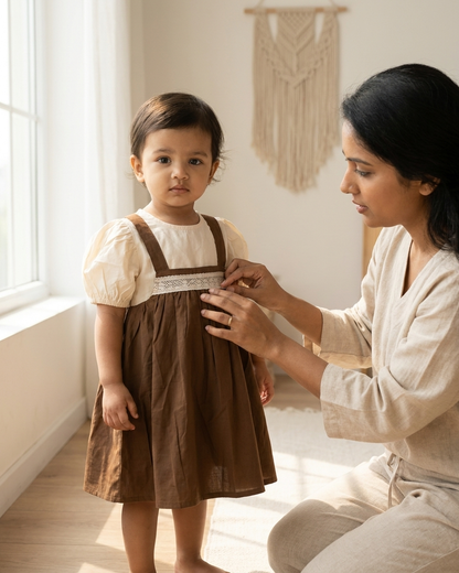 Cocoa Charm: Girls' Brown Lace-Trim Pinafore & Ivory Puff-Sleeve Blouse Set