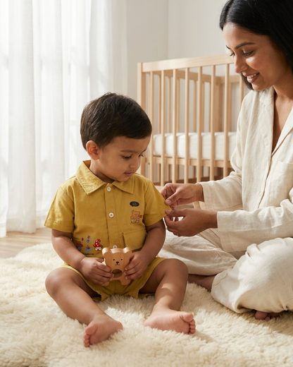Mustard Meadow: Boys' Utility Cotton Set with Bear & Mushroom Graphics
