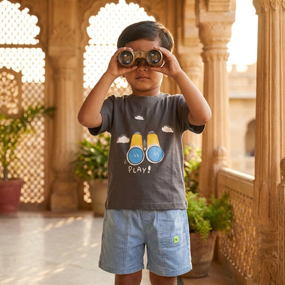 Charcoal Binocular Tee & Light-Wash Denim Shorts