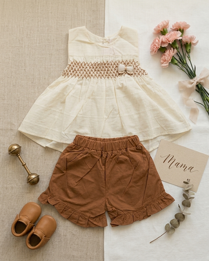 Honey Smock: Girls' Cream Sleeveless Tunic & Tan Ruffled Shorts Set