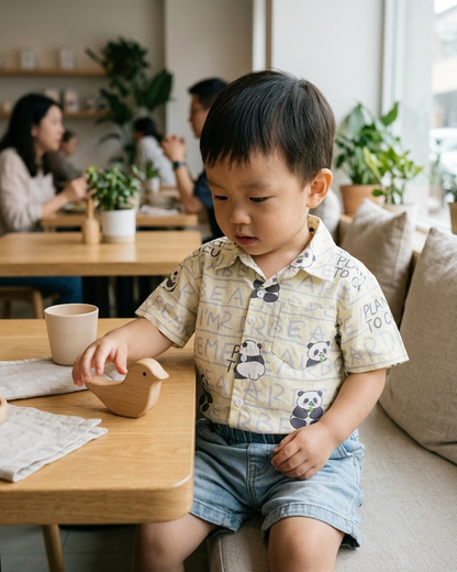 Panda Party: Boys' Cream Panda Print Shirt & Light-Wash Denim Shorts Set