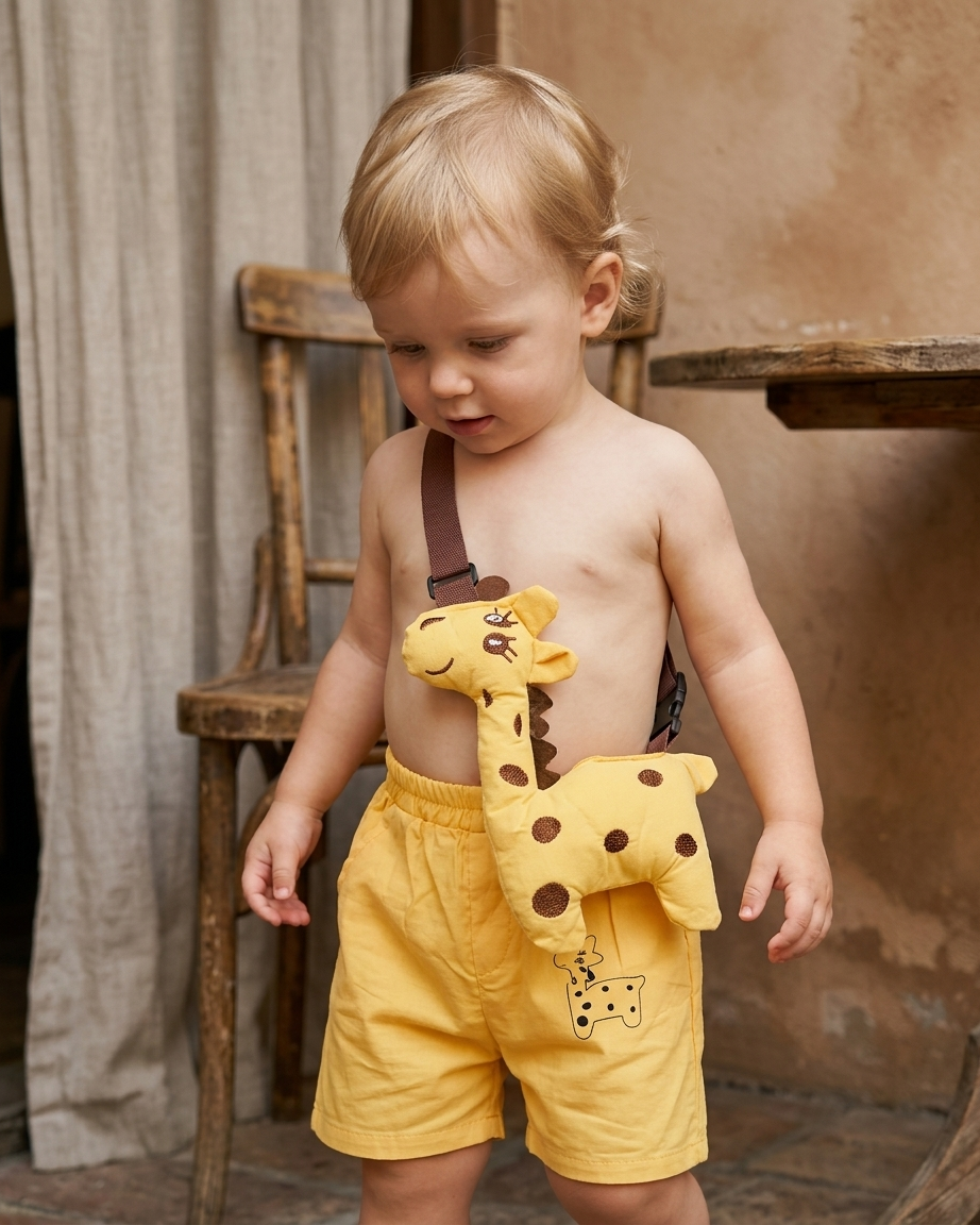 Sunny Safari: Toddler Boys' Yellow Cotton Shorts with 3D Giraffe Plush Bag