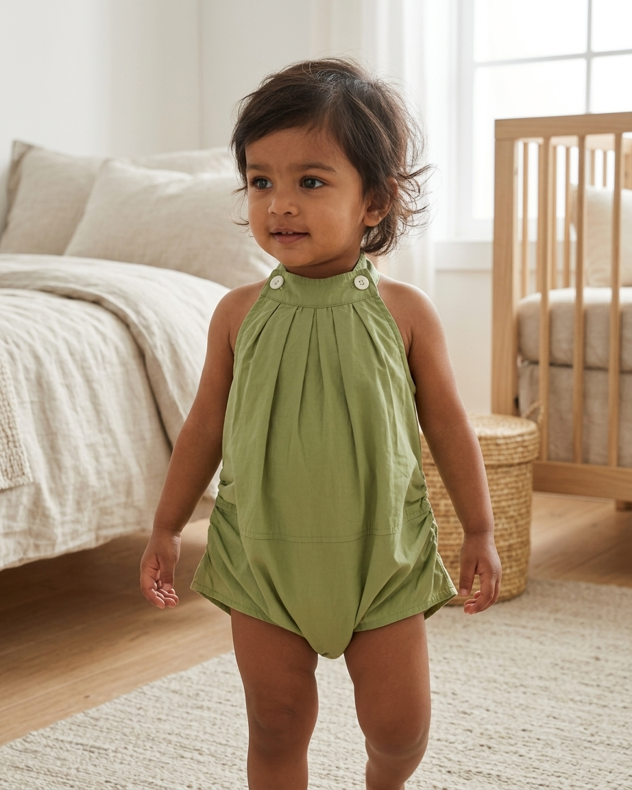 Sage Garden: Girls' Olive Green Halter-Neck Cotton Tunic with Button Accents