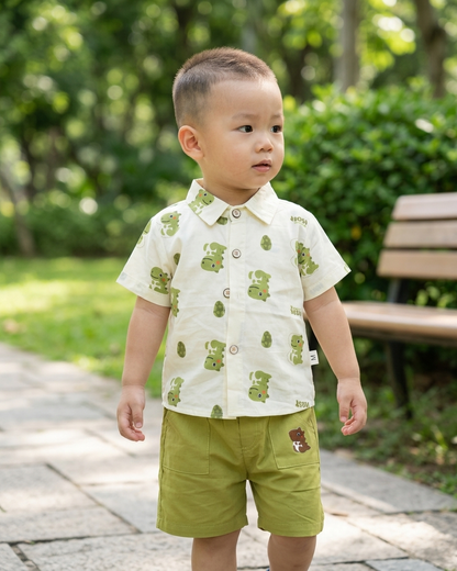 Dino-Mite Dapper: Boys' Cream Dinosaur Print Shirt & Olive Shorts Set with Matching Tie