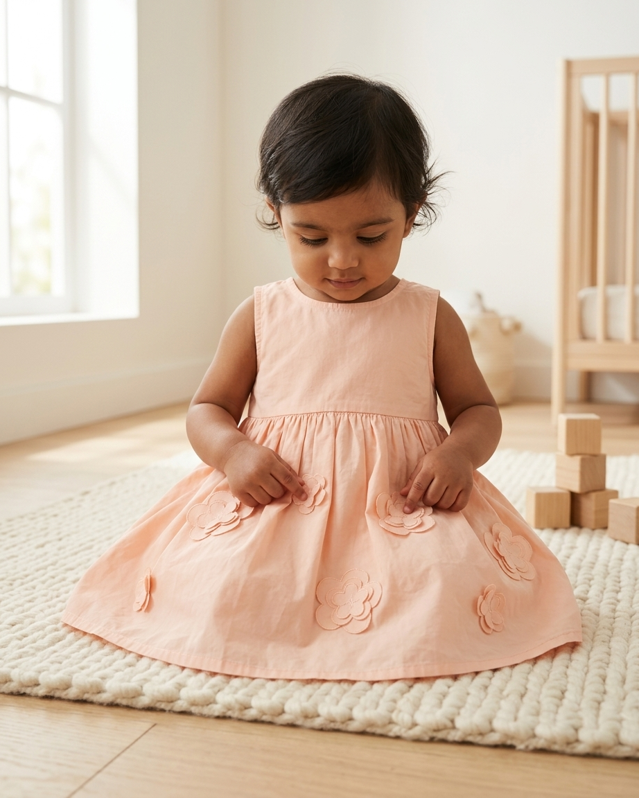 Peach Blossom: Girls' Sleeveless Cotton Dress with 3D Floral Applique