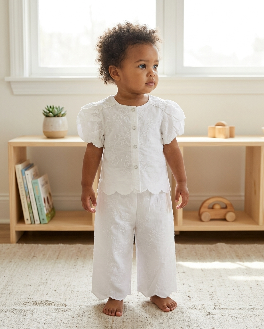 Cloud White Floral Chikankari Cotton Set with Scalloped Hem & Puff Sleeves