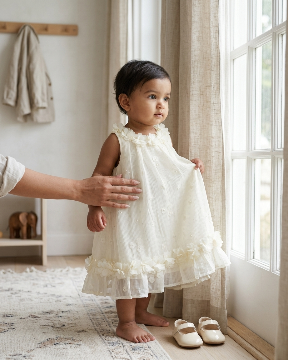 Pearl Blossom: Girls' Cream Pleated Georgette Dress with 3D Floral Ruffles