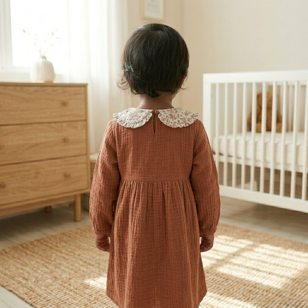 Printed Collar Mul Dress-Brown