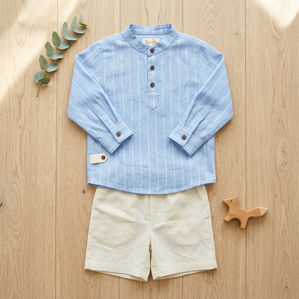 MandarinCollarBlueStripe Shortset