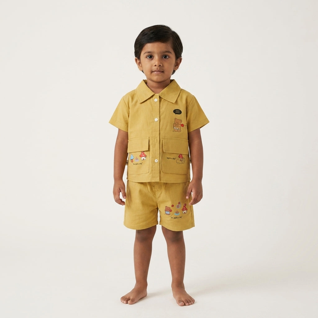 Mustard Meadow: Boys' Utility Cotton Set with Bear & Mushroom Graphics