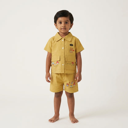 Mustard Meadow: Boys' Utility Cotton Set with Bear & Mushroom Graphics