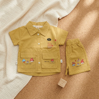 Mustard Meadow: Boys' Utility Cotton Set with Bear & Mushroom Graphics