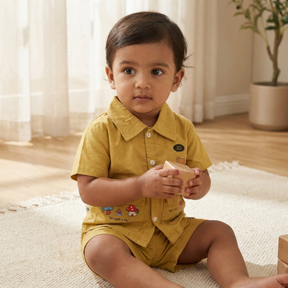 Mustard Meadow: Boys' Utility Cotton Set with Bear & Mushroom Graphics