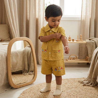 Mustard Meadow: Boys' Utility Cotton Set with Bear & Mushroom Graphics